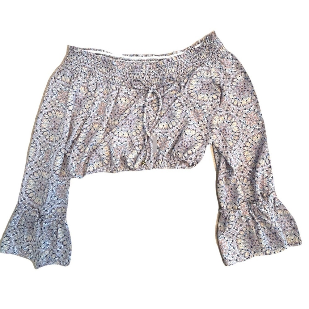 Crop Top M Mandala Peasnt Cottagecore Smocked Off Shoulder‎ Bell Sleeve Boho Top